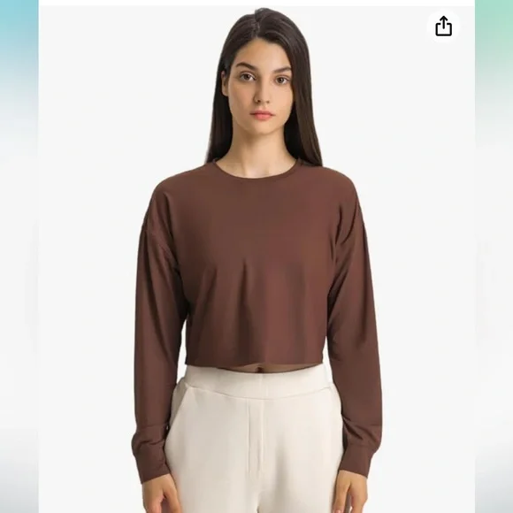 Crop Top Long Sleeved Womens XL Brown Built in Bra Gym Workout Top Shirt D1 - Picture 6 of 10